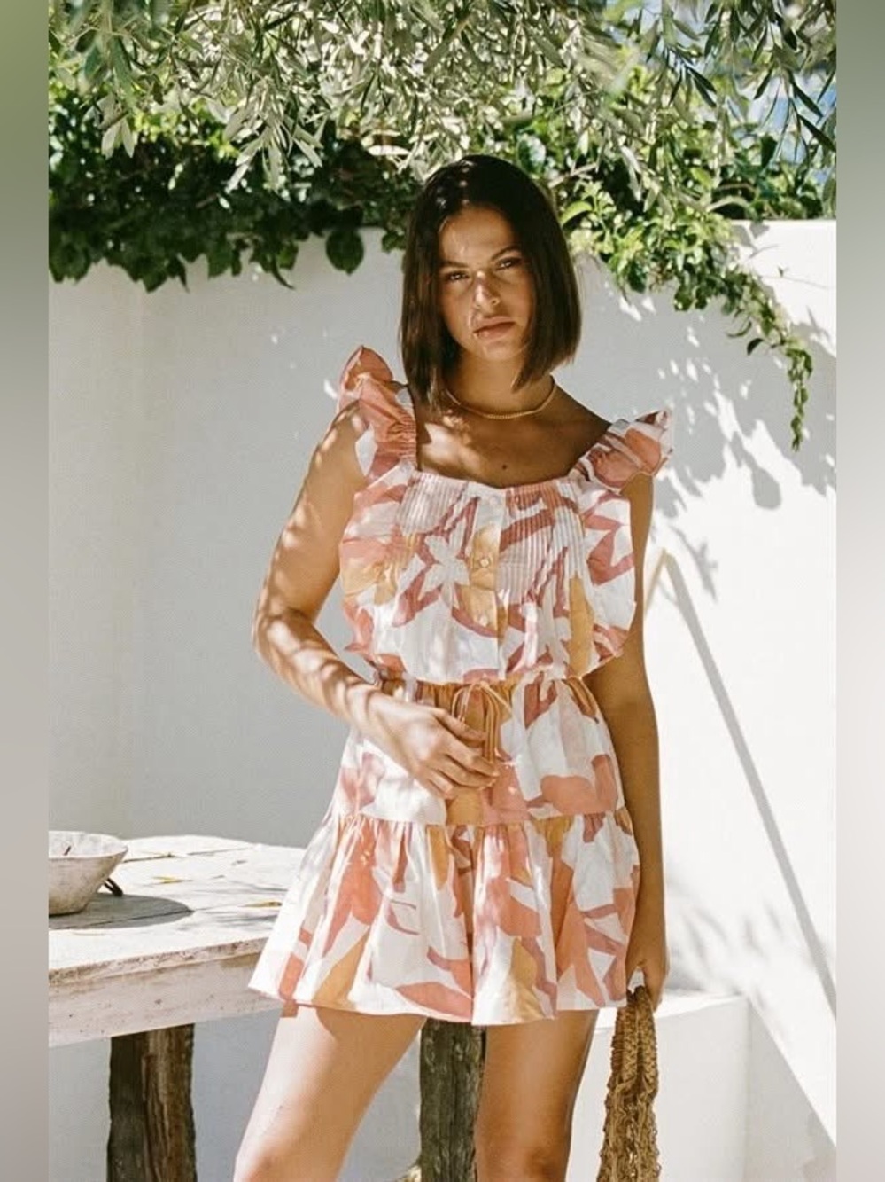 Sabo Skirt Mao Mini Dress Linen Floral Ruffle Tiered Button Small